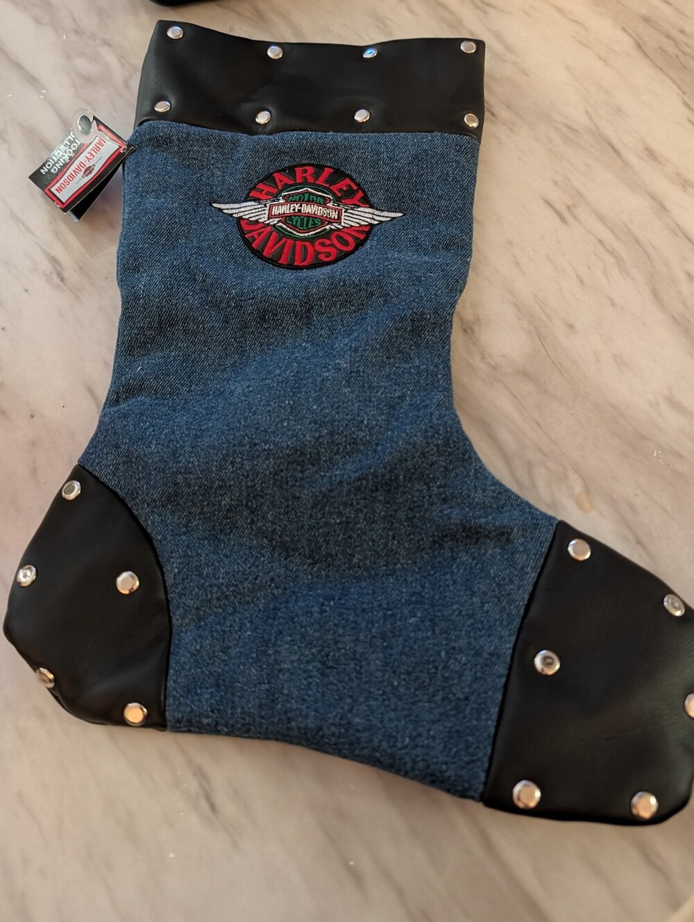 Harley Davidson Christmas Stocking Denim Black Faux Leather Studded Motorcycle N